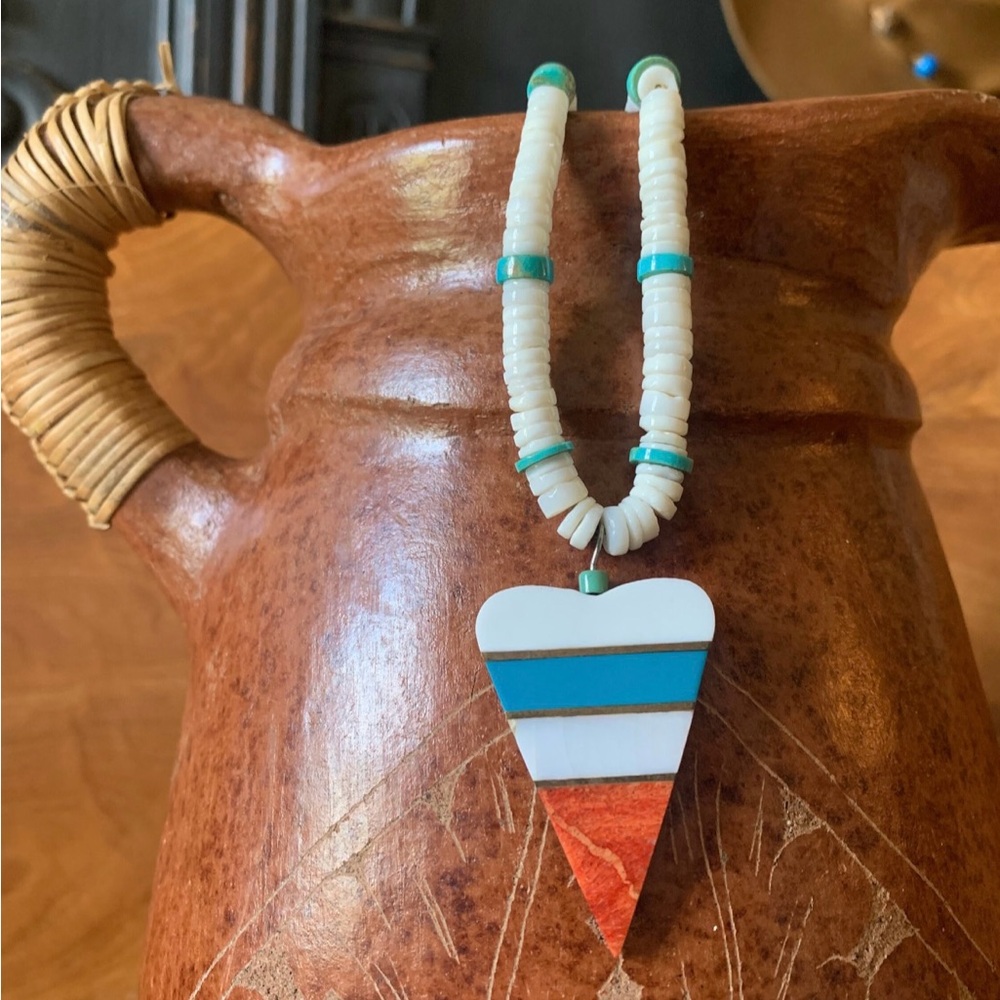 Turquoise Heishi Necklace Beaded Native American Jewelry Spiny Oyster Inlay